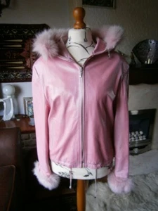 Stunning vtg BRIGHT PINK hooded leather jacket FOX fur trim and cuffs, ex cond! - Picture 1 of 13