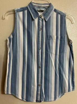 Vtg Jordache Womens Jrs L Denim Blue Striped Pearl Snap Sleeveless Top - Image 1 of 4