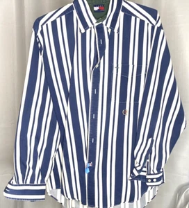 preowned, TOMMY HILFIGER, med, cotton, white/navy sdtripe, dress shirt, VGC - Picture 1 of 3
