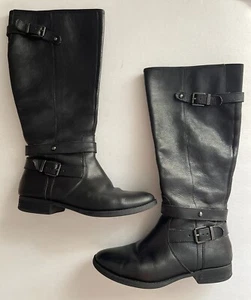 Arturo Chiang, Black Leather Round Toe Knee-High Riding Boots Buckle Moto 7.5 M - Picture 1 of 11