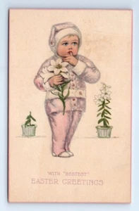 BESTEST EASTER GREETINGS Girl Child Easter Lily Art Postcard 1918 - Picture 1 of 2