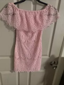 ANGEL BIBA POLYESTER SPANDEX PINK LACE OFF SHOULDER BODYCON MINI DRESS SIZE 6 - Picture 1 of 12