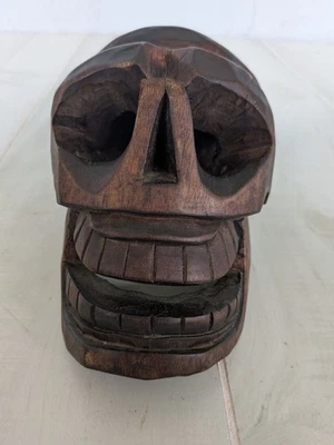 Wood Carved Skull Hand Made Art Sculpture Decor Spooky Scary Halloween  - Image 1 of 4