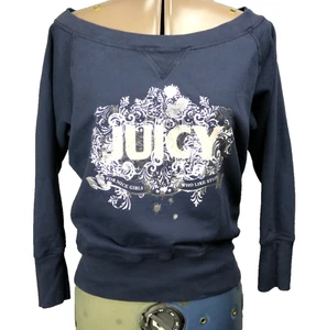 Y2K Juicy Couture Graphic Logo Sweatshirt Off-Shoulder 3/4 Sleeve Navy Blue S - Picture 1 of 24