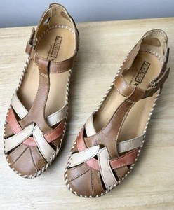 Pikolinos Womens Vallarta Peach Brown Cream Leather T-Strap Sandals EU 37 US 6.5 - Picture 1 of 21