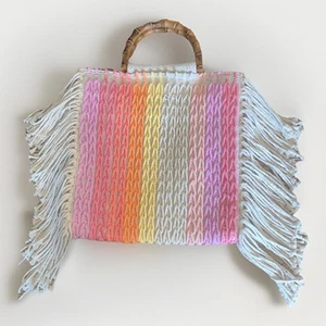 Scoop Natural Fringed Carpet Bag 14” X 13” Pastel Multi Color Snap Bamboo Handle - Picture 1 of 9