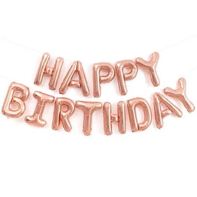 Globos de feliz cumpleaños de oro rosa de 16 pulgadas pancarta letras de papel de aluminio Foto 1 de 4