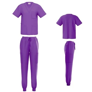 Unisex STRETCH Jogger Scrub Set Solid V-Neck Top Men Women Medical Nurse Uniform - Picture 1 of 40