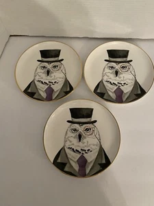 3 NWT Pier 1 WISE OWL Salad Plate Top Hat Dapper Animal Gold Rim - Picture 1 of 6