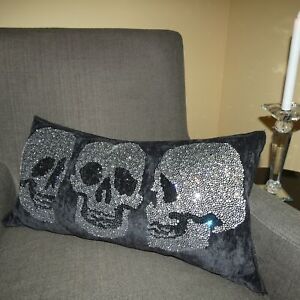 Magaschoni Pillow Crystal Skull Black Silver Halloween EARLY BLACK FRIDAY!