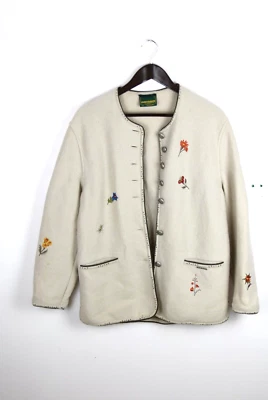 Vintage White Boiled Woold Jacket Geiger Austria Embroidery Flowers Size 34 - Image 1 of 4