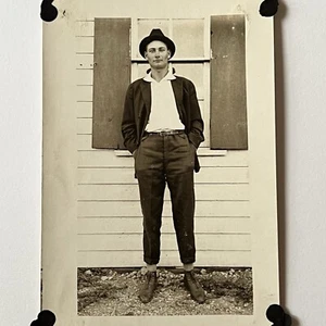 Antique RPPC Real Photograph Postcard Handsome Young Man Fedora Short Pants - Picture 1 of 10