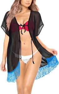 LA LEELA Women's Open Front Kimono Cardigan Coverup Elegant US 14-18W Black_N871 - Picture 1 of 3