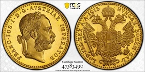 1915- AUSTRIA- FRANCIS JOSEPH- RESTRIKE GOLD DUCAT- PCGS MS 68 - Picture 1 of 2