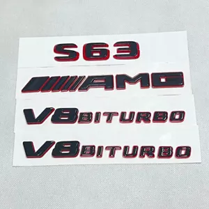 GLOSSY BLACK RED S63 AMG V8BITURBO Trunk Fender Badges Emblems for Mercedes W222 - Picture 1 of 7