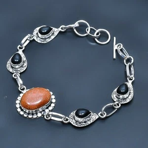 Red Sunstone, Black Onyx Handmade Gemstone Jewelry Bracelet 7-8" - Picture 1 of 1