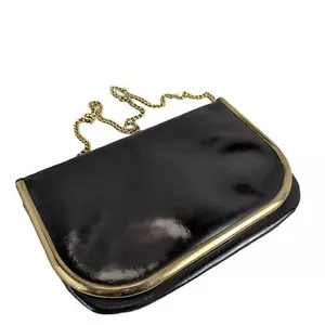 Cartera sin asas de colección Susan Gail charol negro genuino 11x6", correa de cadena dorada - Imagen 1 de 7