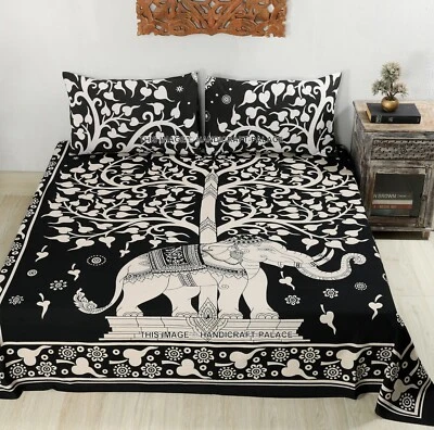 Sábana bajera doble de algodón con estampado de árbol de la vida de elefante negro con funda de almohada de 2 piezas Foto 1 de 4