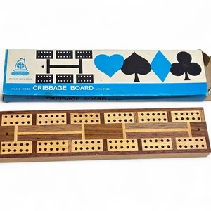 Inlaid Wooden Cribbage Board Vintage Hong Kong Boxed with Pegs Excellent - Picture 1 of 9