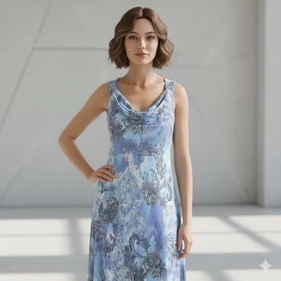 B Darlin Cowl Neck Dress Womens Small Blue Paisley Floral Maxi Party Evening - Imagem 1 de 4