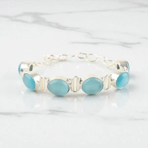Handmade 925 Sterling Silver Jewelry Blue Cat's Eye Gemstone Bracelet For Gift - Picture 1 of 6