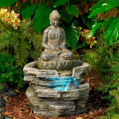 Zen Buddha Outdoor Floor Water Fountain with Light LED 21" Sitting Yard Garden - Image 1 of 4