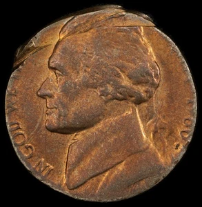 1980-P Jefferson Nickel Mint Error Struck On Damaged Cent PCGS MS64RB Very Rare! - Picture 1 of 6