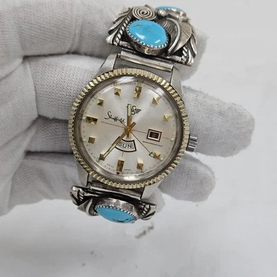 Винтажные часы Sheffield Day Date стиль президента браслет индейцев навахо из чистого серебра - Изображение 1 из 4