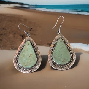 NAVAJO STAMPED STERLING SILVER GREEN DRILLED TURQUOISE EARRINGS NATIVE AMERICAN - Picture 1 of 10