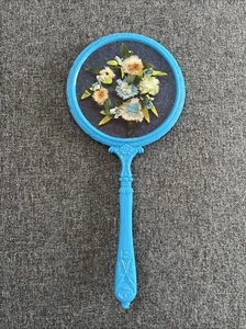 Vtg! Hand Held Vanity Mirror Plastic Round Floral Turquoise Blue Cottagecore - Bild 1 von 8