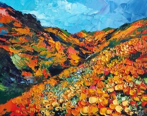 original oil painting California Poppy landscape mountain artwork Floral 8*10 in - Picture 1 of 9