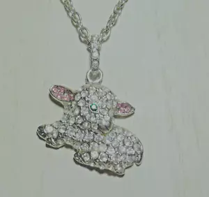Easter Necklace Marked Lori’s Little Lamb w/Clear Pink Green Glass Stones 23" - Picture 1 of 5