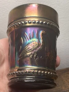 Vintage Dugan Iridescent Cobalt Blue Carnival Glass Tumbler Stork Rushes Beaded - Picture 1 of 13