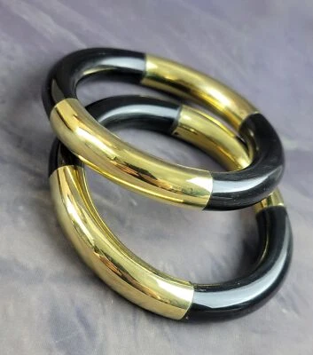 Set of 2 - Tube Brass And Horn Black Bangle Bracelet For Women Standard Size - Image 1 of 4