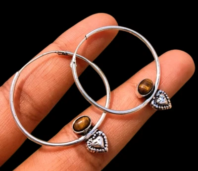Compre brincos folheados a prata esterlina 925 com argola Bali olho de tigre natural C069 - Imagem 1 de 4