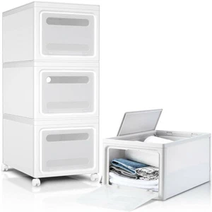 3Pcs Storage Bins with Lids Stackable Plastic Organizer Carts w/ Wheels White US - Picture 1 of 12