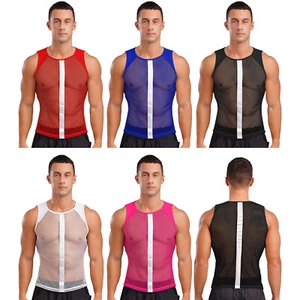 Men Shirts Half Tops Undershirt Gym Vest Glitter Party Hollow Out Disco Sports - Bild 1 von 67
