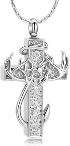 Cross Urn Necklace for Ashes Fish Hook Memorial Pendant Antler Cremation Jewelry - Picture 1 of 5