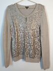 Ann Taylor Sequin Front Wool Angora Blend Cardigan Sweater Size Large Taupe Euc