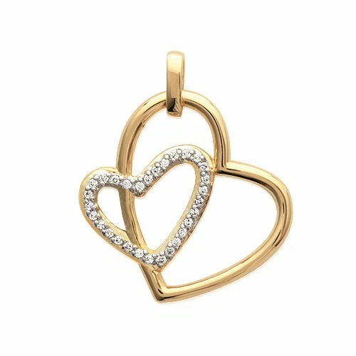 Pendentif Double Coeur ZIRCONIUM Plaqué Or 18 carats 750/1000 Bijoux Femme - Photo 1/1