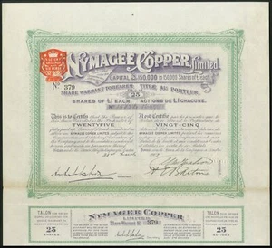 Australien: Nymagee Copper Ltd., Inhaberwarrant auf 25 Aktien, 1907, New South... - Bild 1 von 1