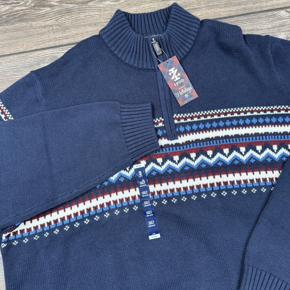 Izod Mens Classic Fit Fairisle Quarter Zip Holiday Sweater Navy Size 3XLT NWT - Image 1 of 4