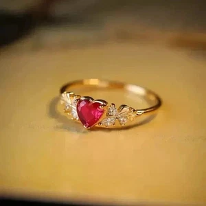 14K Yellow Gold Plated Silver 2Ct Heart Cut Lab Created Red Ruby Engagement Ring - Picture 1 of 8