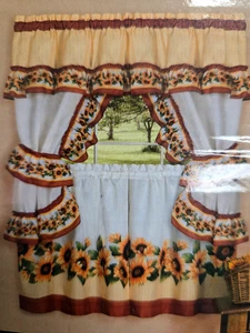 Black Eyed Susan Printed Cottage Set 57'' x 36'' Complete Ruffled Window Set - Picture 1 of 1