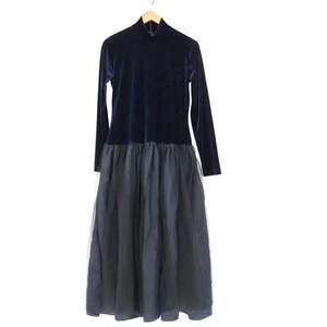 Vintage Samt Tüll Maxikleid Stehkragen Elegant Goth Party Formell Emo Abschlussball Größe L - Bild 1 von 11