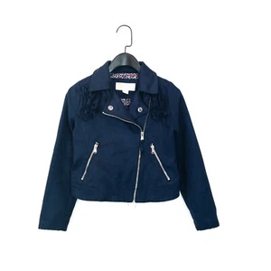 Michael Kors Navy Blue Full Zip Faux Suede Tasselled Biker Jacket - Size 7-8Y - Picture 1 of 11