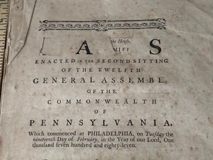 1787 Colonial American Legal Document Laws of PA pre constitution Thomas Mifflin - Picture 1 of 5