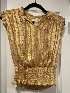 Rachel Zoe Size XS Gold Shimmer Striped Floral Ruffle Sleeve Smocked Botton Top - Picture 1 of 12