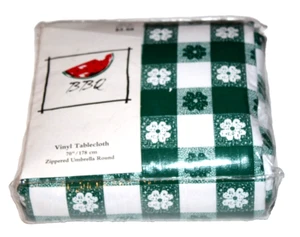 BBQ Zippered Umbrella 70" Round Tavern Check Hunter Vinyl Tablecloth - Picture 1 of 2