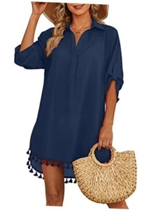 Women Swimsuit Cover Up Shirt 2025 Tassel Beach Bathing Suit X-Large Navy Blue - Picture 1 of 4